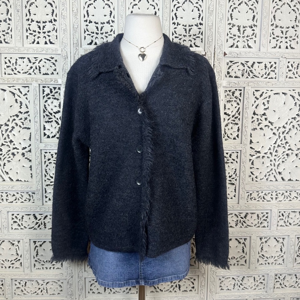 Vintage Karen Scott Dark Gray 100% Wool‎ Fuzzy Fringe Button Up Cardigan Sz M